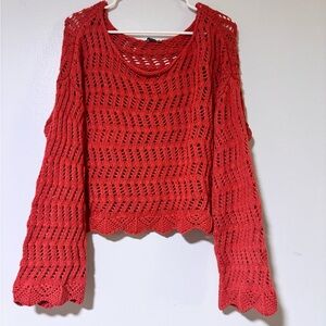 American Eagle Outfitters Red Off-the-Shoulder Crochet Sweater
